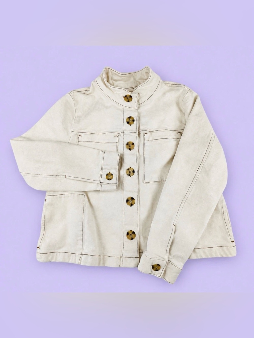 J. Jill Women's L Petite Cream Stretch Denim Chore Jacket Utility Coastal Rustic
